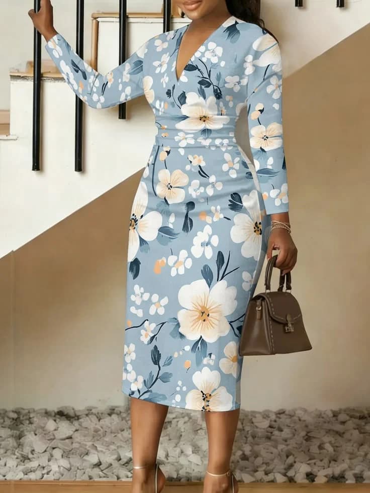 Floral V-Neck Bodycon Midi Dress